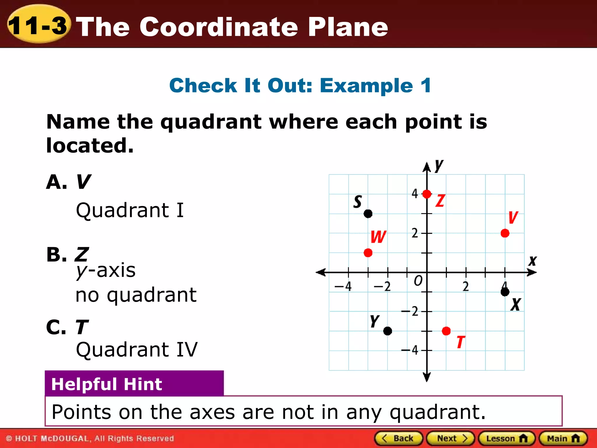 Check It Out: Example 1 Name the quadrant where each point is located. A.  V   B.  Z C.  T Quadrant I y -axis Quadrant IV Points on the axes are not in any quadrant. Helpful Hint no quadrant 