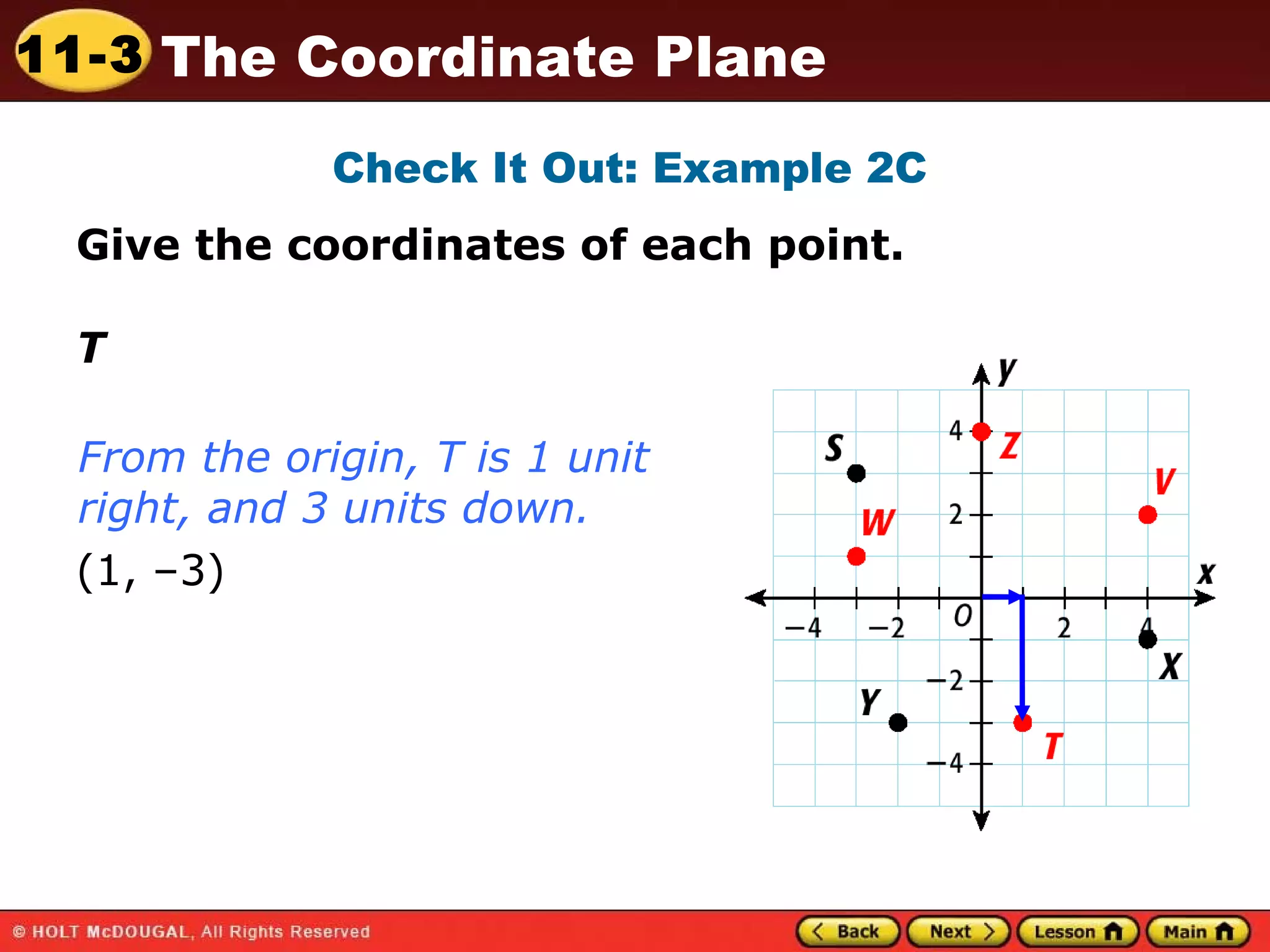 Check It Out: Example 2C Give the coordinates of each point. T From the origin, T is 1 unit right, and 3 units down. (1, –3) 