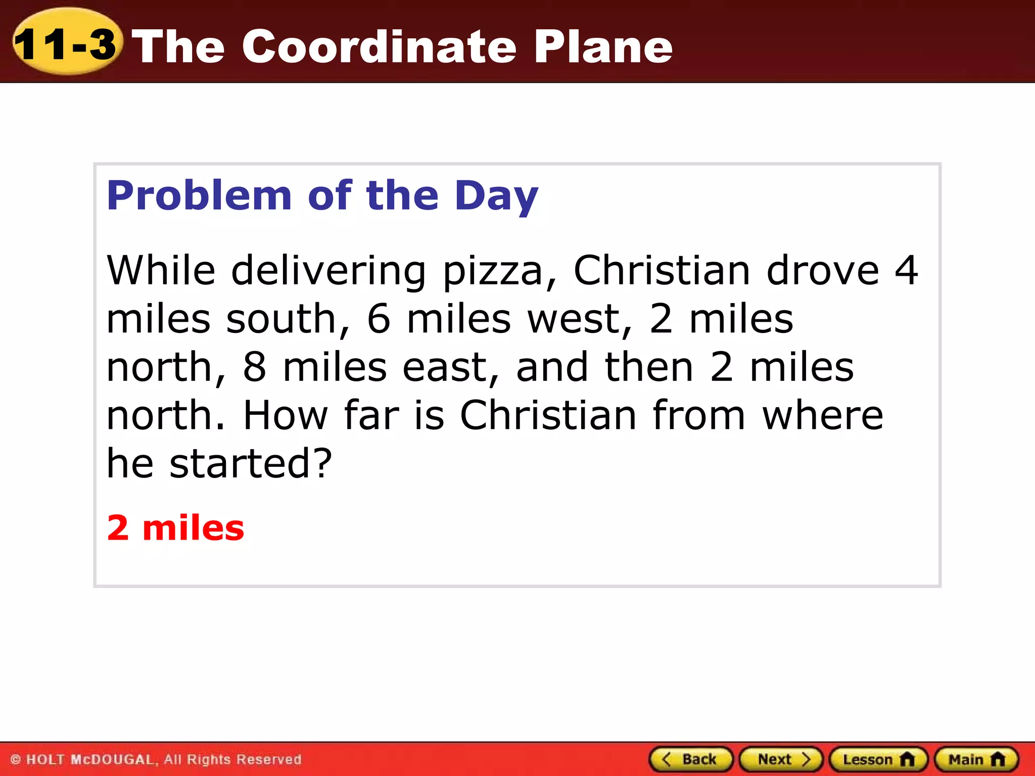 Problem of the Day While delivering pizza, Christian drove 4 miles south, 6 miles west, 2 miles north, 8 miles east, and then 2 miles north. How far is Christian from where he started? 2 miles 