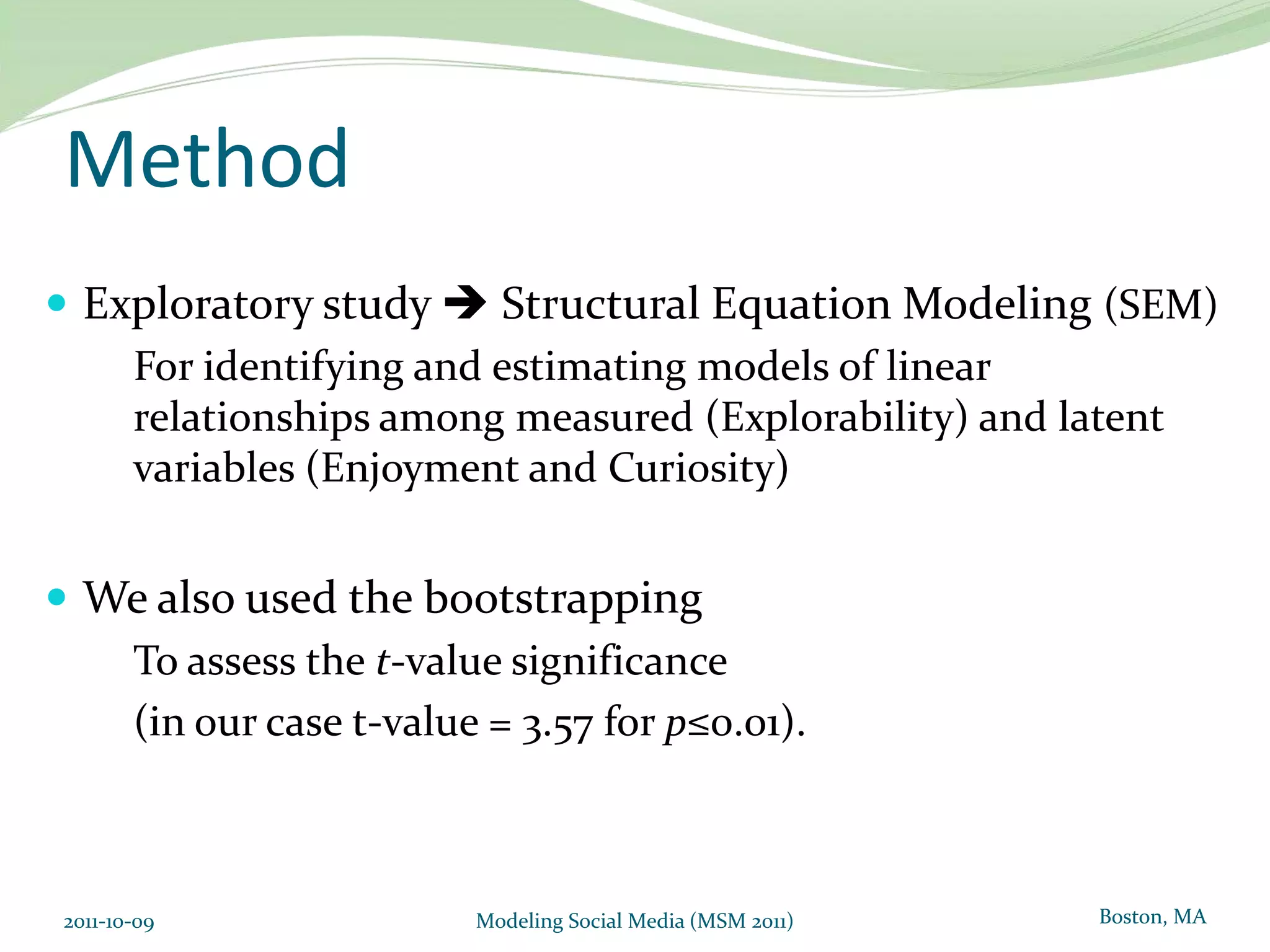 Proposed Model (Hedonic Search)2011-10-09Modeling Social Media (MSM 2011)Perceived EnjoymentH1ExploratoryBehaviourCuriosityH2H1: Perceived enjoyment has a positive impact on exploration of social tagging  H2: Curiosity has a positive impact on exploration of social tagging