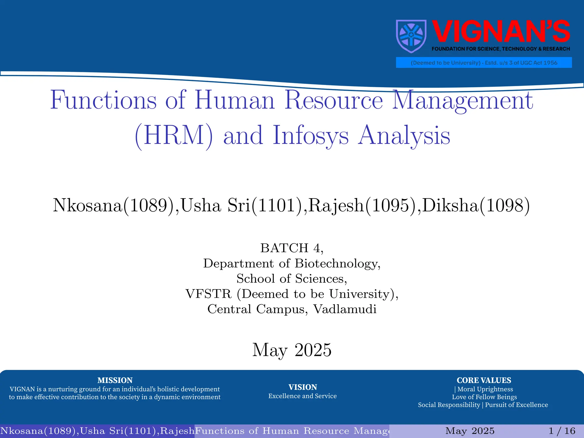 MISSION
VIGNAN is a nurturing ground for an individualʼs holistic development
to make eﬀective contribution to the society in a dynamic environment
VISION
Excellence and Service
CORE VALUES
| Moral Uprightness
Love of Fellow Beings
Social Responsibility | Pursuit of Excellence
Functions of Human Resource Management
(HRM) and Infosys Analysis
Nkosana(1089),Usha Sri(1101),Rajesh(1095),Diksha(1098)
BATCH 4,
Department of Biotechnology,
School of Sciences,
VFSTR (Deemed to be University),
Central Campus, Vadlamudi
May 2025
Nkosana(1089),Usha Sri(1101),Rajesh(1095),Diksha(1098) (Assistant Professor1)
Functions of Human Resource Management (HRM) and Infosys Analysis
May 2025 1 / 16
 