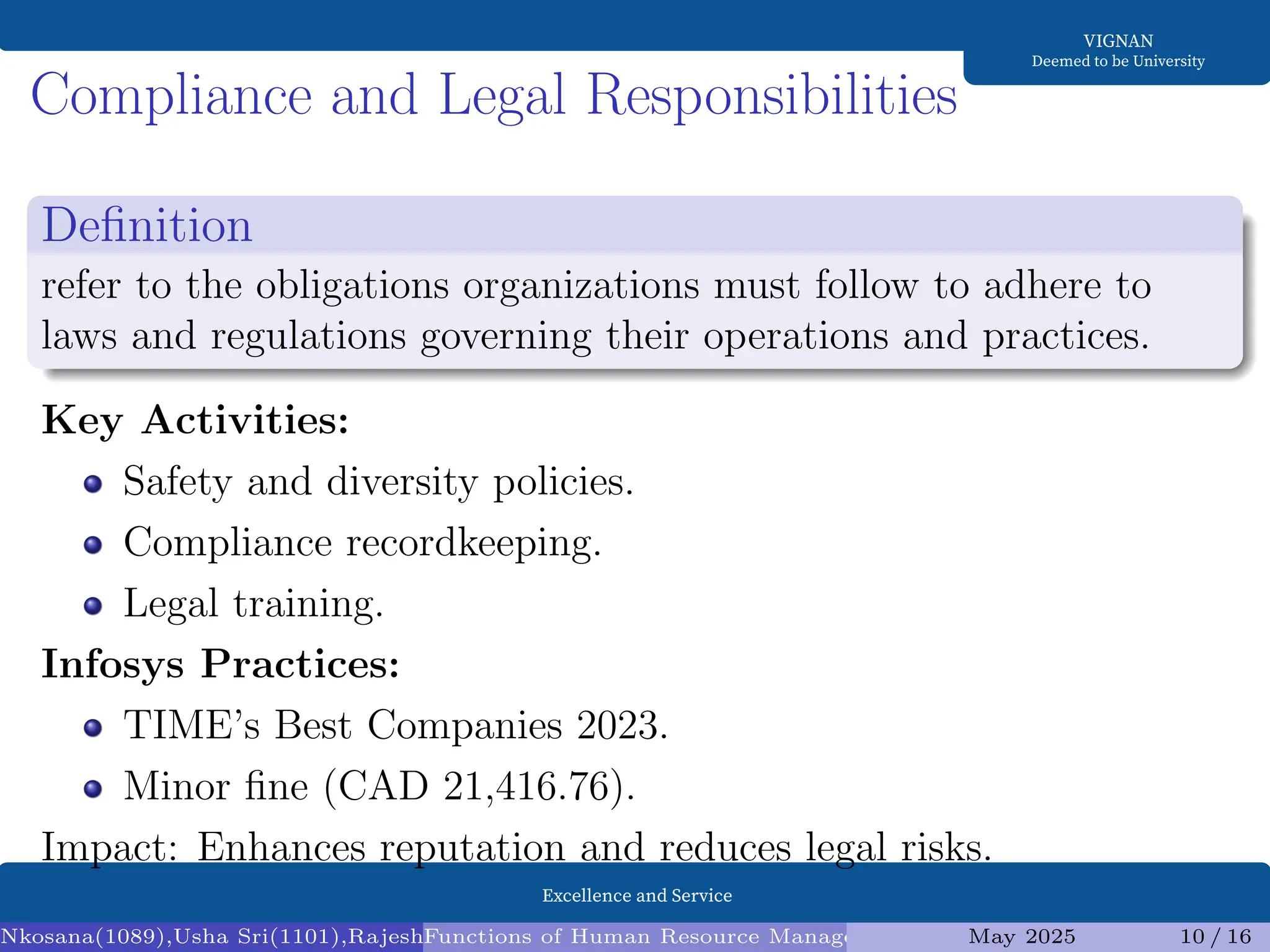 Excellence and Service
VIGNAN
Deemed to be University
Compliance and Legal Responsibilities
Definition
refer to the obligations organizations must follow to adhere to
laws and regulations governing their operations and practices.
Key Activities:
Safety and diversity policies.
Compliance recordkeeping.
Legal training.
Infosys Practices:
TIME’s Best Companies 2023.
Minor fine (CAD 21,416.76).
Impact: Enhances reputation and reduces legal risks.
Nkosana(1089),Usha Sri(1101),Rajesh(1095),Diksha(1098) (Assistant Professor1)
Functions of Human Resource Management (HRM) and Infosys Analysis
May 2025 10 / 16
 