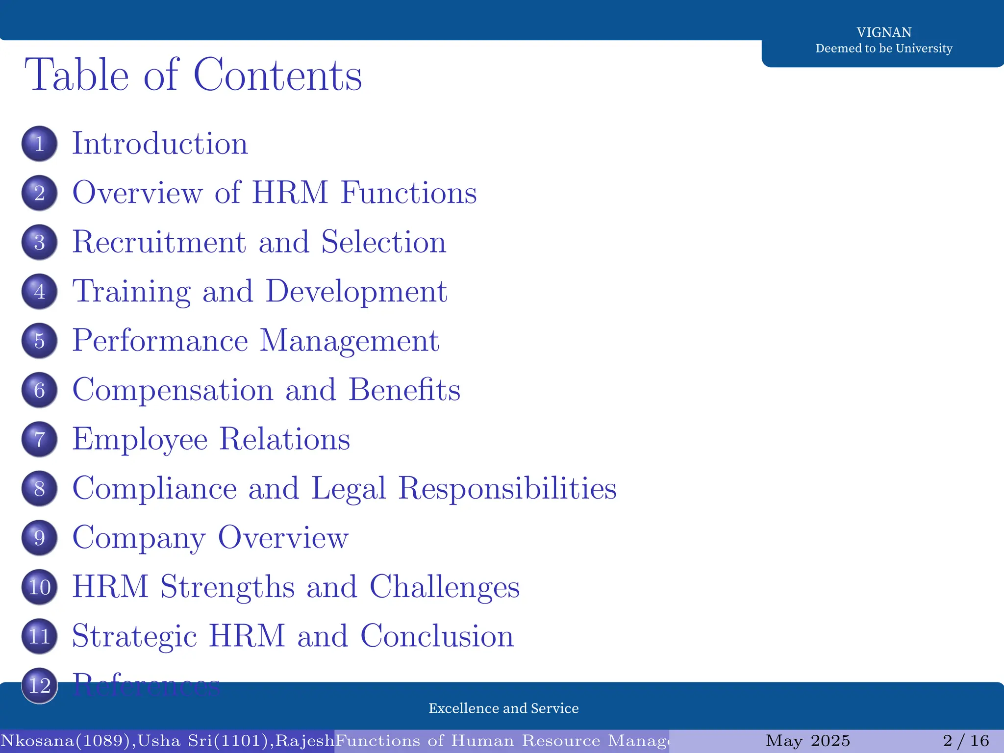 Excellence and Service
VIGNAN
Deemed to be University
Table of Contents
1 Introduction
2 Overview of HRM Functions
3 Recruitment and Selection
4 Training and Development
5 Performance Management
6 Compensation and Benefits
7 Employee Relations
8 Compliance and Legal Responsibilities
9 Company Overview
10 HRM Strengths and Challenges
11 Strategic HRM and Conclusion
12 References
Nkosana(1089),Usha Sri(1101),Rajesh(1095),Diksha(1098) (Assistant Professor1)
Functions of Human Resource Management (HRM) and Infosys Analysis
May 2025 2 / 16
 
