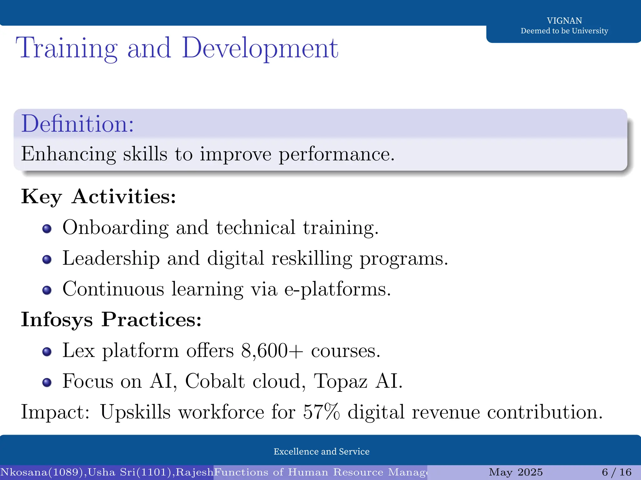 Excellence and Service
VIGNAN
Deemed to be University
Training and Development
Definition:
Enhancing skills to improve performance.
Key Activities:
Onboarding and technical training.
Leadership and digital reskilling programs.
Continuous learning via e-platforms.
Infosys Practices:
Lex platform offers 8,600+ courses.
Focus on AI, Cobalt cloud, Topaz AI.
Impact: Upskills workforce for 57% digital revenue contribution.
Nkosana(1089),Usha Sri(1101),Rajesh(1095),Diksha(1098) (Assistant Professor1)
Functions of Human Resource Management (HRM) and Infosys Analysis
May 2025 6 / 16
 