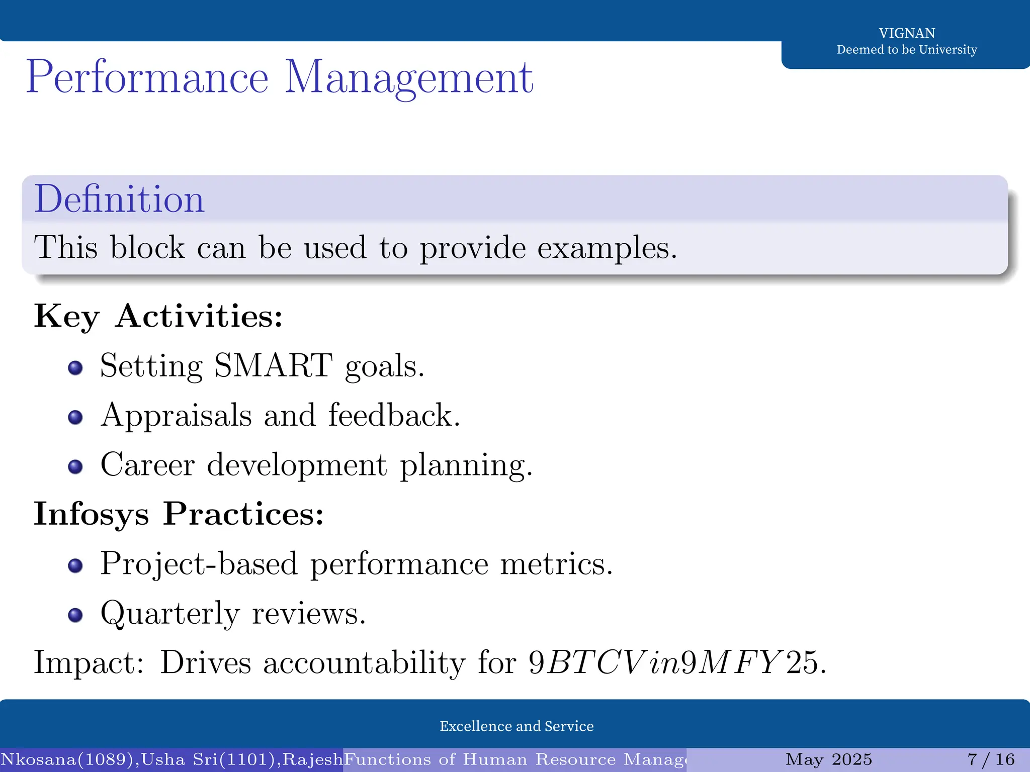 Excellence and Service
VIGNAN
Deemed to be University
Performance Management
Definition
This block can be used to provide examples.
Key Activities:
Setting SMART goals.
Appraisals and feedback.
Career development planning.
Infosys Practices:
Project-based performance metrics.
Quarterly reviews.
Impact: Drives accountability for 9BTCV in9MFY 25.
Nkosana(1089),Usha Sri(1101),Rajesh(1095),Diksha(1098) (Assistant Professor1)
Functions of Human Resource Management (HRM) and Infosys Analysis
May 2025 7 / 16
 