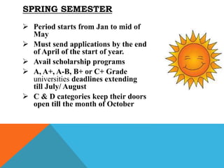  Period starts from Jan to mid of
May
 Must send applications by the end
of April of the start of year.
 Avail scholarship programs
 A, A+, A-B, B+ or C+ Grade
universities deadlines extending
till July/ August
 C & D categories keep their doors
open till the month of October
SPRING SEMESTER
 