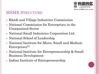 MSME STRUCTURE
 Khadi and Village Industries Commission
 National Commission for Enterprises in the
Unorganised Sector
 National Small Industries Corporation Ltd.
 National School of Leadership
 National Institute for Micro, Small and Medium
Enterprises[5]
 National Institute for Entrepreneurship & Small
Business Development
 Indian Institute of Entrepreneurship
 