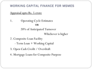 WORKING CAPITAL FINANCE FOR MSMES 
Appraisal upto Rs. 5 crore 
1. Operating Cycle Estimates 
OR 
20% of Anticipated Turnover 
Whichever is higher 
2. Composite Loan Facility 
- Term Loan + Working Capital 
3. Open Cash Credit / Overdraft 
4. Mortgage Loans for Composite Purpose 
 