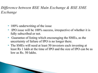    100% underwriting of the issue
    IPO issue will be 100% success, irrespective of whether it is
    fully subscribed or not.
    Guarantee of listing which encouraging the SMEs, as the
    uncertainty of failure of IPO is no longer there.
   The SMEs will need at least 50 investors each investing at
    least Rs 1 lakh at the time of IPO and the size of IPO can be as
    low as Rs. 50 lakhs.
 