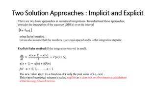 Two Solution Approaches : Implicit and Explicit
There are two basic approaches to numerical integrations. To understand these approaches,
consider the integration of the equation (ODEs) over the interval
using Euler's method.
Let us also assume that the numbers tn are equi-spaced and h is the integration stepsize.
Explicit Euler method:If the integration interval is small,
The new value x(n+1) is a function of x only the past value of i.e., x(n) .
This type of numerical scheme is called explicit as it does not involve iterative calculations
while moving forward in time.
 