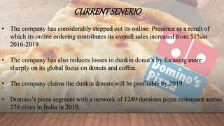 CURRENTSENERIO
• The company has considerably stepped out its online Presence as a result of
which its online ordering contributes its overall sales increased from 51%in
2016-2019
• The company has also reduces losses in dunkin donut’s by focusing more
sharply on its global focus on donuts and coffee.
• The company claims the dunkin donuts will be profitable by 2019.
• Domino’s pizza segment with a network of 1249 dominos pizza restaurant across
276 cities in India in 2019.
 