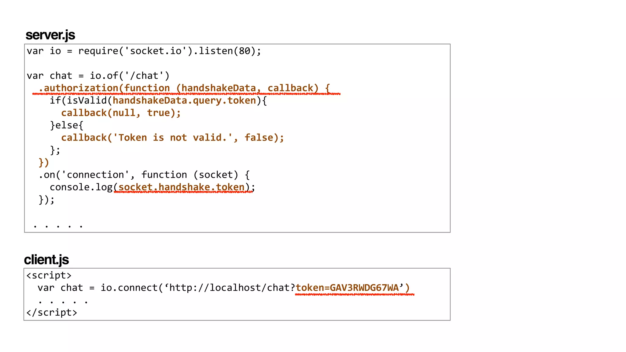 var	
  io	
  =	
  require('socket.io').listen(80);	
  
!
var	
  chat	
  =	
  io.of('/chat')	
  
	
  	
  .authorization(function	
  (handshakeData,	
  callback)	
  {	
  
	
  	
  	
  	
  if(isValid(handshakeData.query.token){	
  
	
  	
  	
  	
  	
  	
  callback(null,	
  true);	
  
	
  	
  	
  	
  }else{	
  
	
  	
  	
  	
  	
  	
  callback('Token	
  is	
  not	
  valid.',	
  false);	
  
	
  	
  	
  	
  };	
  
	
  	
  })	
  
	
  	
  .on('connection',	
  function	
  (socket)	
  {	
  
	
  	
  	
  	
  console.log(socket.handshake.token);	
  
	
  	
  });	
  
!
	
  .	
  .	
  .	
  .	
  .
<script>	
  
	
  	
  var	
  chat	
  =	
  io.connect(‘http://localhost/chat?token=GAV3RWDG67WA’)	
  
	
  	
  .	
  .	
  .	
  .	
  .	
  	
  
</script>
server.js
client.js
 