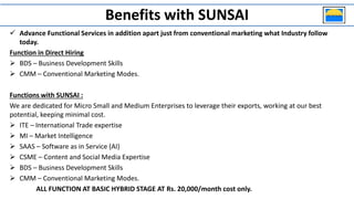 Benefits with SUNSAI
 Advance Functional Services in addition apart just from conventional marketing what Industry follow
today.
Function in Direct Hiring
 BDS – Business Development Skills
 CMM – Conventional Marketing Modes.
Functions with SUNSAI :
We are dedicated for Micro Small and Medium Enterprises to leverage their exports, working at our best
potential, keeping minimal cost.
 ITE – International Trade expertise
 MI – Market Intelligence
 SAAS – Software as in Service (AI)
 CSME – Content and Social Media Expertise
 BDS – Business Development Skills
 CMM – Conventional Marketing Modes.
ALL FUNCTION AT BASIC HYBRID STAGE AT Rs. 20,000/month cost only.
 