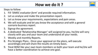 How we do it ?
Steps to follow:
1. Fill ‘SIMEC evaluator form’ and provide required information.
2. Let us analyse and make the presentation report.
3. Let us know your requirements, expectations and pain areas.
4. We will evaluate and let you know the acceptance and with a general
scenario business report.
5. Signup the agreement.
6. A dedicated ‘Relationship Manager’ will assigned to you, he/she will very
closely with you and your team and understand all your needs.
7. Weekly and monthly Reports.
8. Pro Strategic Plans - Once your approval on the plans, will execute
accordingly and will share the results on timely basis.
9. Treat BDM like your own team members so both your team and he/she will
have a better coordination to achieve one goal.
 