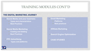 TRAINING MODULES CONT’D
Social Media and your business
 Types and characteristics
 Best Practices
Social Media Marketing
 Costing and bidding
 Best Practices
PPC Advertising
 Types and platforms
Email Marketing
 Platforms
 Best practices
Affiliate Marketing
Search Engine Optimization
CASE STUDIES
THE DIGITAL MARKETING JOURNEY
 