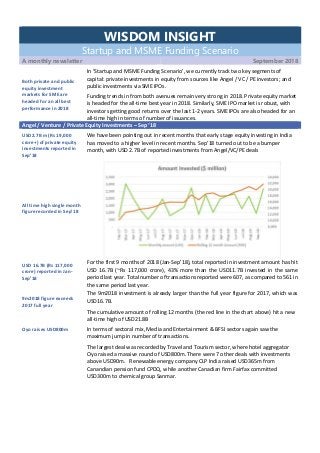 WISDOM INSIGHT
Startup and MSME Funding Scenario
A monthly newsletter September 2018
Both private and public
equity investment
markets for SME are
headed for an all best
performance in 2018
In ‘Startup and MSME Funding Scenario’, we currently track two key segments of
capital: private investments in equity from sources like Angel / VC / PE investors; and
public investments via SME IPOs.
Funding trends in from both avenues remain very strong in 2018. Private equity market
is headed for the all-time best year in 2018. Similarly, SME IPO market is robust, with
investors getting good returns over the last 1-2 years. SME IPOs are also headed for an
all-time high in terms of number of issuances.
Angel / Venture / Private Equity Investments – Sep ‘18
USD2.7B m (Rs 19,000
crore+) of private equity
investments reported in
Sep’18
We have been pointing out in recent months that early stage equity investing in India
has moved to a higher level in recent months. Sep’18 turned out to be a bumper
month, with USD 2.7B of reported investments from Angel/VC/PE deals
All time high single month
figure recorded in Sep’18
USD 16.7B (Rs 117,000
crore) reported in Jan-
Sep’18
9m2018 figure exceeds
2017 full year
For the first 9 months of 2018 (Jan-Sep’18), total reported in investment amount has hit
USD 16.7B (~Rs 117,000 crore), 43% more than the USD11.7B invested in the same
period last year. Total number of transactions reported were 607, as compared to 561 in
the same period last year.
The 9m2018 investment is already larger than the full year figure for 2017, which was
USD16.7B.
The cumulative amount of rolling 12 months (the red line in the chart above) hit a new
all-time high of USD21.8B
Oyo raises USD800m In terms of sectoral mix, Media and Entertainment & BFSI sectors again saw the
maximum jump in number of transactions.
The largest deal was recorded by Travel and Tourism sector, where hotel aggregator
Oyo raised a massive round of USD800m. There were 7 other deals with investments
above USD90m. Renewable energy company CLP India raised USD365m from
Canandian pension fund CPDQ, while another Canadian firm Fairfax committed
USD300m to chemical group Sanmar.
 