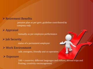  Retirement Benefits
          pension plan as per govt. guideline contributed by
          company only

 Appraisal
           Annually, as per employee performance

 Job Security
           status of a permanent employee

 Work Environment
              safe, energetic, friendly and co-operative

 Exposure
           100 + countries, different languages and culture, abroad trips and
           Posting, creativity encouragement
 