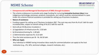 www.sbsandco.com24
 Entrepreneurial and Managerial Development of SMEs through Incubators
 The scheme endeavours to provide early stage funding for nurturing innovative business ideas (new
indigenous technology, processes, products, procedures, etc.) which could be commercialised in a year.
Under this scheme financial assistance is provided for setting up of business incubators.
 Nature of assistance
 Funding support for setting up of ‘Business Incubators (BI)’: The cost may vary from Rs.4 to 8 lakh for each
incubatee/idea, subject to overall ceiling of Rs.62.5 lakh for each BI.
 Items @ per BI (Business Incubators )
 a) Upgradation of infrastructure Rs. 2.50 lakh
 b) Orientation/training Rs. 1.28 lakh
 c) Administrative expenses Rs. 0.22 lakh
 Thus the total assistance per BI - Rs. 66.50 lakh
 Who can Apply
Any individual or MSME having innovative ideas ready for commercialisation can apply to the host
institution (e.g., IITs, NITs, technical colleges, research institutes, etc.)
MSME Scheme
 