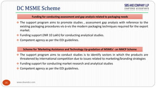 www.sbsandco.com35
 The support program aims to promote studies , assessment gap analysis with reference to the
existing packaging procedures vis-à-vis the modern packaging techniques required for the export
market.
 Funding support (INR 10 Lakh) for conducting analytical studies.
 Competent agency as per the EOI guidelines.
 The support program aims to conduct studies is to identify sectors in which the products are
threatened by international competition due to issues related to marketing/branding strategies
 Funding support for conducting market research and analytical studies
 Competent agency as per the EOI guidelines.
DC MSME Scheme
Funding for conducting assessment and gap analysis related to packaging needs
Scheme for 'Marketing Assistance and Technology Up-gradation of MSMEs'- an NMCP Scheme
 