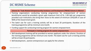 www.sbsandco.com55
 Training organizations conducting training programmes for empowerment of women
beneficiaries would be provided a grant upto maximum limit of Rs. 1.00 lakh per programme
provided such institutions also bring their share to the extent of minimum 25%(10% in case of
NER) of the Government grant.
 The batch size for such a training activity will be at least 20 participants. Duration of the
training programme will be minimum one month.
 Funding support for conducting training program for women empowerment.
 Skill development training will be provided to women applicant under the scheme. Duration of
the training programme will be minimum one month. The batch size for such a training activity
will be at least 20 participants.
 Skill development., women entrepreneurs can apply for the scheme
DC MSME Scheme
Participate in training programs for women empowerment.
Scheme for 'Trade Related Entrepreneurship Assistance and Development (TREAD) Scheme to Women‘.
 