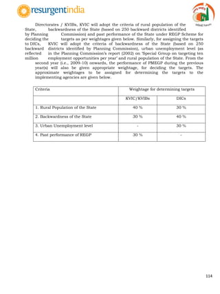 114
Directorates / KVIBs, KVIC will adopt the criteria of rural population of the
State, backwardness of the State (based on 250 backward districts identified
by Planning Commission) and past performance of the State under REGP Scheme for
deciding the targets as per weightages given below. Similarly, for assigning the targets
to DICs, KVIC will adopt the criteria of backwardness of the State (based on 250
backward districts identified by Planning Commission), urban unemployment level (as
reflected in the Planning Commission‟s report (2002) on „Special Group on targeting ten
million employment opportunities per year‟ and rural population of the State. From the
second year (i.e., 2009-10) onwards, the performance of PMEGP during the previous
year(s) will also be given appropriate weightage, for deciding the targets. The
approximate weightages to be assigned for determining the targets to the
implementing agencies are given below.
Criteria Weightage for determining targets
KVIC/KVIBs DICs
1. Rural Population of the State 40 % 30 %
2. Backwardness of the State 30 % 40 %
3. Urban Unemployment level - 30 %
4. Past performance of REGP 30 % -
 
