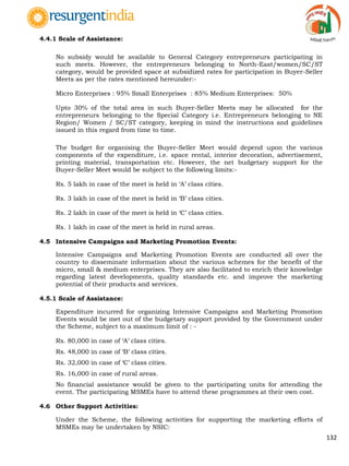 132
4.4.1 Scale of Assistance:
No subsidy would be available to General Category entrepreneurs participating in
such meets. However, the entrepreneurs belonging to North-East/women/SC/ST
category, would be provided space at subsidized rates for participation in Buyer-Seller
Meets as per the rates mentioned hereunder:-
Micro Enterprises : 95% Small Enterprises : 85% Medium Enterprises: 50%
Upto 30% of the total area in such Buyer-Seller Meets may be allocated for the
entrepreneurs belonging to the Special Category i.e. Entrepreneurs belonging to NE
Region/ Women / SC/ST category, keeping in mind the instructions and guidelines
issued in this regard from time to time.
The budget for organising the Buyer-Seller Meet would depend upon the various
components of the expenditure, i.e. space rental, interior decoration, advertisement,
printing material, transportation etc. However, the net budgetary support for the
Buyer-Seller Meet would be subject to the following limits:-
Rs. 5 lakh in case of the meet is held in „A‟ class cities.
Rs. 3 lakh in case of the meet is held in „B‟ class cities.
Rs. 2 lakh in case of the meet is held in „C‟ class cities.
Rs. 1 lakh in case of the meet is held in rural areas.
4.5 Intensive Campaigns and Marketing Promotion Events:
Intensive Campaigns and Marketing Promotion Events are conducted all over the
country to disseminate information about the various schemes for the benefit of the
micro, small & medium enterprises. They are also facilitated to enrich their knowledge
regarding latest developments, quality standards etc. and improve the marketing
potential of their products and services.
4.5.1 Scale of Assistance:
Expenditure incurred for organizing Intensive Campaigns and Marketing Promotion
Events would be met out of the budgetary support provided by the Government under
the Scheme, subject to a maximum limit of : -
Rs. 80,000 in case of „A‟ class cities.
Rs. 48,000 in case of „B‟ class cities.
Rs. 32,000 in case of „C‟ class cities.
Rs. 16,000 in case of rural areas.
No financial assistance would be given to the participating units for attending the
event. The participating MSMEs have to attend these programmes at their own cost.
4.6 Other Support Activities:
Under the Scheme, the following activities for supporting the marketing efforts of
MSMEs may be undertaken by NSIC:
 