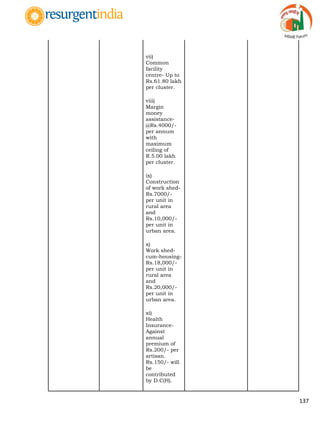 137
vii)
Common
facility
centre- Up to
Rs.61.80 lakh
per cluster.
viii)
Margin
money
assistance-
@Rs.4000/-
per annum
with
maximum
ceiling of
R.5.00 lakh
per cluster.
ix)
Construction
of work shed-
Rs.7000/-
per unit in
rural area
and
Rs.10,000/-
per unit in
urban area.
x)
Work shed-
cum-housing-
Rs.18,000/-
per unit in
rural area
and
Rs.20,000/-
per unit in
urban area.
xi)
Health
Insurance-
Against
annual
premium of
Rs.200/- per
artisan.
Rs.150/- will
be
contributed
by D.C(H).
 