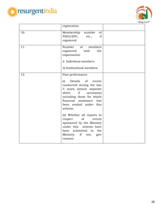 28
registration
10. Membership number of
FIEO/EPC, etc., if
registered
11. Number of members
registered with the
organisation
i) Individual members
ii) Institutional members
12. Past performance
(i) Details of events
conducted during the last
3 years (attach separate
sheet, if necessary)
including those for which
financial assistance has
been availed under this
scheme.
(ii) Whether all reports in
respect of events
sponsored by the Ministry
under this scheme have
been submitted to the
Ministry. If not, give
reasons
 