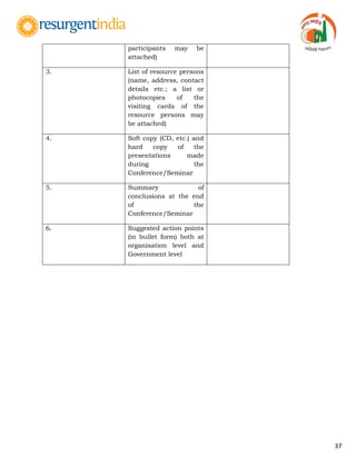 37
participants may be
attached)
3. List of resource persons
(name, address, contact
details etc.; a list or
photocopies of the
visiting cards of the
resource persons may
be attached)
4. Soft copy (CD, etc.) and
hard copy of the
presentations made
during the
Conference/Seminar
5. Summary of
conclusions at the end
of the
Conference/Seminar
6. Suggested action points
(in bullet form) both at
organisation level and
Government level
 