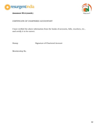 42
Annexure III-A (contd.)
CERTIFICATE OF CHARTERED ACCOUNTANT
I have verified the above information from the books of accounts, bills, vouchers, etc.,
and certify it to be correct.
Stamp Signature of Chartered Account
Membership No.
 