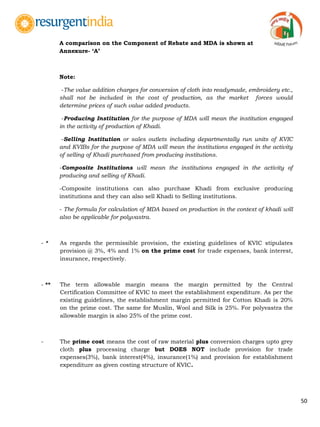 50
A comparison on the Component of Rebate and MDA is shown at
Annexure- „A‟
Note:
-The value addition charges for conversion of cloth into readymade, embroidery etc.,
shall not be included in the cost of production, as the market forces would
determine prices of such value added products.
-Producing Institution for the purpose of MDA will mean the institution engaged
in the activity of production of Khadi.
-Selling Institution or sales outlets including departmentally run units of KVIC
and KVIBs for the purpose of MDA will mean the institutions engaged in the activity
of selling of Khadi purchased from producing institutions.
-Composite Institutions will mean the institutions engaged in the activity of
producing and selling of Khadi.
-Composite institutions can also purchase Khadi from exclusive producing
institutions and they can also sell Khadi to Selling institutions.
- The formula for calculation of MDA based on production in the context of khadi will
also be applicable for polyvastra.
- * As regards the permissible provision, the existing guidelines of KVIC stipulates
provision @ 3%, 4% and 1% on the prime cost for trade expenses, bank interest,
insurance, respectively.
- ** The term allowable margin means the margin permitted by the Central
Certification Committee of KVIC to meet the establishment expenditure. As per the
existing guidelines, the establishment margin permitted for Cotton Khadi is 20%
on the prime cost. The same for Muslin, Wool and Silk is 25%. For polyvastra the
allowable margin is also 25% of the prime cost.
- The prime cost means the cost of raw material plus conversion charges upto grey
cloth plus processing charge but DOES NOT include provision for trade
expenses(3%), bank interest(4%), insurance(1%) and provision for establishment
expenditure as given costing structure of KVIC.
 