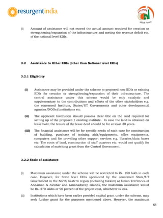 64
(i) Amount of assistance will not exceed the actual amount required for creation or
strengthening/expansion of the infrastructure and meting the revenue deficit etc.
of the national level EDIs.
3.2 Assistance to Other EDIs (other than National level EDIs)
3.2.1 Eligibility
(i) Assistance may be provided under the scheme to proposed new EDIs or existing
EDIs for creation or strengthening/expansion of their infrastructure. The
central assistance under this scheme would be only catalytic and
supplementary to the contributions and efforts of the other stakeholders e.g.
the concerned Institute, States/UT Governments and other developmental
agencies/NGOs/Institutions etc.
(ii) The applicant Institution should possess clear title on the land required for
setting up of the proposed / existing institute. In case the land is obtained on
lease hold, the tenure of the lease deed should be for at least 30 years.
(iii) The financial assistance will be for specific needs of each case for construction
of building, purchase of training aids/equipments, office equipments,
computers and for providing other support services e.g. libraries/data bases
etc. The costs of land, construction of staff quarters etc. would not qualify for
calculation of matching grant from the Central Government.
3.2.2 Scale of assistance
(i) Maximum assistance under the scheme will be restricted to Rs. 150 lakh in each
case. However, for State level EDIs sponsored by the concerned State/UT
Government in the North Eastern region (including Sikkim) or Union Territories of
Andaman & Nicobar and Lakshadweep Islands, the maximum assistance would
be Rs. 270 lakhs or 90 percent of the project cost, whichever is less.
(ii) Institutions which have been earlier provided capital grant under the scheme, may
seek further grant for the purposes mentioned above. However, the maximum
 