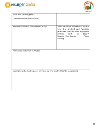 83
Start date (month/year) :
Completion date (month/year) :
Name of associated Consultants, if any: Name of senior professional staff of
your firm involved and functions
performed (indicate most significant
profiles such as Project
Director/Coordinator, Team
Leader):
Narrative description of Project:
Description of actual services provided by your staff within the assignment:
 