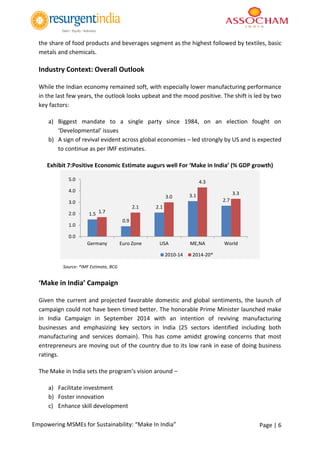 Page | 6Empowering MSMEs for Sustainability: “Make In India”
the share of food products and beverages segment as the highest followed by textiles, basic
metals and chemicals.
Industry Context: Overall Outlook
While the Indian economy remained soft, with especially lower manufacturing performance
in the last few years, the outlook looks upbeat and the mood positive. The shift is led by two
key factors:
a) Biggest mandate to a single party since 1984, on an election fought on
‘Developmental’ issues
b) A sign of revival evident across global economies – led strongly by US and is expected
to continue as per IMF estimates.
Exhibit 7:Positive Economic Estimate augurs well For ‘Make in India’ (% GDP growth)
Source: *IMF Estimate, BCG
‘Make in India’ Campaign
Given the current and projected favorable domestic and global sentiments, the launch of
campaign could not have been timed better. The honorable Prime Minister launched make
in India Campaign in September 2014 with an intention of reviving manufacturing
businesses and emphasizing key sectors in India (25 sectors identified including both
manufacturing and services domain). This has come amidst growing concerns that most
entrepreneurs are moving out of the country due to its low rank in ease of doing business
ratings.
The Make in India sets the program’s vision around –
a) Facilitate investment
b) Foster innovation
c) Enhance skill development
1.5
0.9
2.1
3.1
2.7
1.7
2.1
3.0
4.3
3.3
0.0
1.0
2.0
3.0
4.0
5.0
Germany Euro Zone USA ME,NA World
2010-14 2014-20*
 
