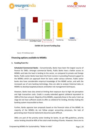 Page | 24Empowering MSMEs for Sustainability: “Make In India”
Exhibit 14: Current Funding Gap
Source- IFC-Intellecap report
Financing options available to MSMEs
1. Funding from FIs–
Scheduled Commercial Banks - Conventionally, Banks have been the largest source of
finance for SMEs. Amongst commercial Banks, Public Banks have a better access to
MSMEs and take the lead in lending to the sector, as compared to private and foreign
Banks. Public sector Banks have been the front-runners in providing financial support to
the MSMEs which can approach them for loans under various schemes. Public sector
banks also have considerable empirical knowledge of the MSME sector, and with the
increased use of core banking technology, they are able to analyze historical data on
MSMEs to develop targeted products and better risk management techniques.
However, Banks have also aimed at limiting their exposure due to high risk perception
and high transaction costs. Credit is usually extended against collateral equivalent to
100% of the loan amount. Majority of the MSMEs, especially those in the early / start-up
stage do not have sufficient assets to offer as collateral for lending, thereby making the
banking system inaccessible to them.
Further, Banks appraise loan proposals based on the financial ratios of the MSME. As
majority of the MSMEs do not follow proper accounting processes, the task of
generating clean financial statements becomes quite difficult.
SMEs are part of the priority sector lending for banks. As per RBI guidelines, priority
sector lending should be 40% of the total credit lending of banks. However, there are no
 