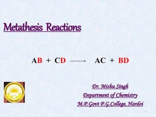 Metathesis Reactions
Dr. Mishu Singh
Department of Chemistry
M.P.Govt P.G.College, Hardoi
AB + CD AC + BD
1
 