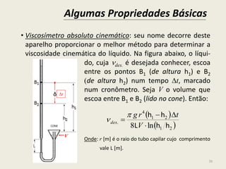 • Viscosímetro absoluto cinemático: seu nome decorre deste
aparelho proporcionar o melhor método para determinar a
viscosidade cinemática do líquido. Na figura abaixo, o líqui-
do, cuja des. é desejada conhecer, escoa
entre os pontos B1 (de altura h1) e B2
(de altura h2) num tempo t, marcado
num cronômetro. Seja V o volume que
escoa entre B1 e B2 (lido no cone). Então:
Onde: r [m] é o raio do tubo capilar cujo comprimento
vale L [m].
Algumas Propriedades Básicas
30
 
 21
21
4
.
ln8 hhL
hh



V
trg
des


CONE
V
Δt
 