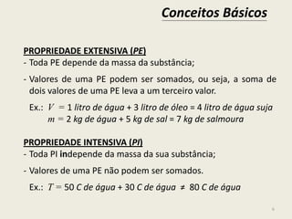 Conceitos Básicos
6
PROPRIEDADE EXTENSIVA (PE)
- Toda PE depende da massa da substância;
- Valores de uma PE podem ser somados, ou seja, a soma de
dois valores de uma PE leva a um terceiro valor.
Ex.: V = 1 litro de água + 3 litro de óleo = 4 litro de água suja
m = 2 kg de água + 5 kg de sal = 7 kg de salmoura
PROPRIEDADE INTENSIVA (PI)
- Toda PI independe da massa da sua substância;
- Valores de uma PE não podem ser somados.
Ex.: T = 50 C de água + 30 C de água ≠ 80 C de água
 