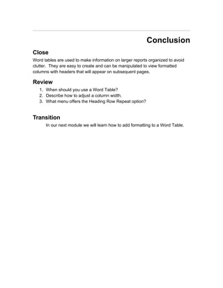 M Smith Sample Training Module Topic Word Tables