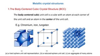 Metallic crystal structures
1.The Body-Centered Cubic Crystal Structure (BCC)
The body-centered cubic unit cell is a cube with an atom at each corner of
the unit cell and an atom in the center of the unit cell.
(a) a hard sphere unit cell representation, (b) a reduced-sphere unit cell, (c) an aggregate of many atoms
E.g. Chromium, iron, tungsten
 