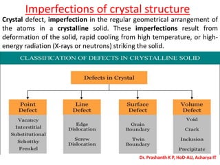 Imperfections of crystal structure
Crystal defect, imperfection in the regular geometrical arrangement of
the atoms in a crystalline solid. These imperfections result from
deformation of the solid, rapid cooling from high temperature, or high-
energy radiation (X-rays or neutrons) striking the solid.
Dr. Prashanth K P, HoD-AU, Acharya IT
 