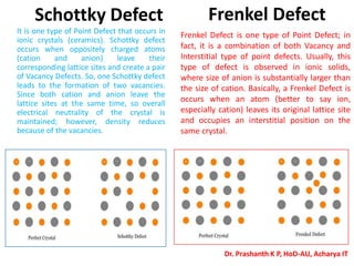 Schottky Defect
It is one type of Point Defect that occurs in
ionic crystals (ceramics). Schottky defect
occurs when oppositely charged atoms
(cation and anion) leave their
corresponding lattice sites and create a pair
of Vacancy Defects. So, one Schottky defect
leads to the formation of two vacancies.
Since both cation and anion leave the
lattice sites at the same time, so overall
electrical neutrality of the crystal is
maintained; however, density reduces
because of the vacancies.
Frenkel Defect
Frenkel Defect is one type of Point Defect; in
fact, it is a combination of both Vacancy and
Interstitial type of point defects. Usually, this
type of defect is observed in ionic solids,
where size of anion is substantially larger than
the size of cation. Basically, a Frenkel Defect is
occurs when an atom (better to say ion,
especially cation) leaves its original lattice site
and occupies an interstitial position on the
same crystal.
Dr. Prashanth K P, HoD-AU, Acharya IT
 