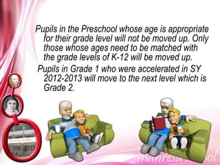 Pupils in the Preschool whose age is appropriate
  for their grade level will not be moved up. Only
  those whose ages need to be matched with
  the grade levels of K-12 will be moved up.
Pupils in Grade 1 who were accelerated in SY
  2012-2013 will move to the next level which is
  Grade 2.
 