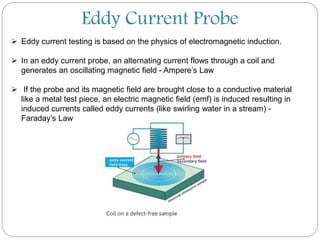  Eddy current testing is based on the physics of electromagnetic induction.
 In an eddy current probe, an alternating current flows through a coil and
generates an oscillating magnetic field - Ampere’s Law
 If the probe and its magnetic field are brought close to a conductive material
like a metal test piece, an electric magnetic field (emf) is induced resulting in
induced currents called eddy currents (like swirling water in a stream) -
Faraday’s Law
Eddy Current Probe
 