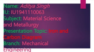 Name: Aditya Singh
IU: IU1941110063
Subject: Material Science
and Metallurgy
Presentation Topic: Iron and
Carbon Diagram
Branch: Mechanical
Engineering
 