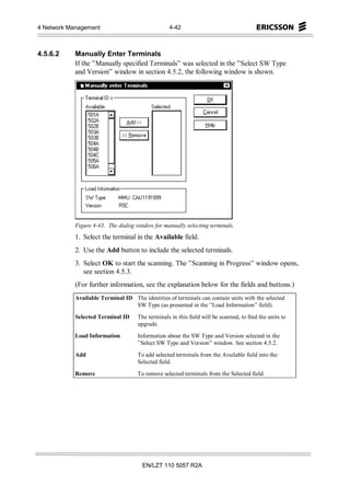 4 Network Management                              4-42



4.5.6.2     Manually Enter Terminals
            If the ”Manually specified Terminals” was selected in the ”Select SW Type
            and Version” window in section 4.5.2, the following window is shown.




            Figure 4-43. The dialog window for manually selecting terminals.
            1. Select the terminal in the Available field.
            2. Use the Add button to include the selected terminals.
            3. Select OK to start the scanning. The ”Scanning in Progress” window opens,
               see section 4.5.3.
            (For further information, see the explanation below for the fields and buttons.)
            Available Terminal ID The identities of terminals can contain units with the selected
                                  SW Type (as presented in the ”Load Information” field).
            Selected Terminal ID     The terminals in this field will be scanned, to find the units to
                                     upgrade.
            Load Information         Information about the SW Type and Version selected in the
                                     ”Select SW Type and Version” window. See section 4.5.2.
            Add                      To add selected terminals from the Available field into the
                                     Selected field.
            Remove                   To remove selected terminals from the Selected field.




                                       EN/LZT 110 5057 R2A
 