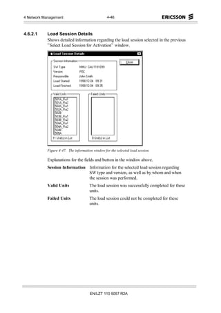4 Network Management                              4-46



4.6.2.1     Load Session Details
            Shows detailed information regarding the load session selected in the previous
            ”Select Load Session for Activation” window.




            Figure 4-47. The information window for the selected load session.

            Explanations for the fields and button in the window above.
            Session Information Information for the selected load session regarding
                                SW type and version, as well as by whom and when
                                the session was performed.
            Valid Units                The load session was successfully completed for these
                                       units.
            Failed Units               The load session could not be completed for these
                                       units.




                                       EN/LZT 110 5057 R2A
 