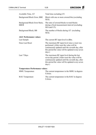 5 MINI-LINK E Terminal                       5-28



             Available Time, AT              Total time excluding UT.
             Background Block Error, BBE     Block with one or more errored bits (excluding
                                             SES).
             Background Block Error Ratio,   The ratio of errored blocks to total blocks
             BBER                            during a fixed measurement interval (excluding
                                             SES and UT).
             Background Block, BB            The number of blocks during AT (excluding
                                             SES).

             AGC Performance values:
             Last Sample                     The current RF input level in dBm.
             Since Last Reset                The maximum RF input level since a reset was
                                             performed. (After reset the value will be
                                             continuously updated until the seventh day, after
                                             this period the value will be updated every seven
                                             days.)
             Last 7 Days                     The maximum RF input level during the last
                                             seven day period. (After reset the value will be
                                             continuously updated until the seventh day, after
                                             this period the value will be updated every seven
                                             days.)

             Temperature Performance values:
             MMU Temperature             The current temperature in the MMU in degrees
                                         Celsius.
             RAU Temperature                 The current temperature in the RAU in degrees
                                             Celsius.




                                    EN/LZT 110 5057 R2A
 