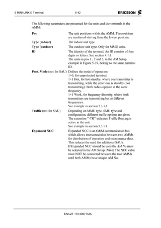 5 MINI-LINK E Terminal                        5-42



             The following parameters are presented for the units and the terminals in the
             AMM:
             Pos                      The unit positions within the AMM. The positions
                                      are numbered starting from the lowest position.
             Type (indoor)            The indoor unit type.
             Type (outdoor)           The outdoor unit type. Only for MMU units.
             ID                       The identity of the terminal. An ID consists of four
                                      digits or letters. See section 4.1.1.
                                      The units in pos 1 , 2 and 3, in the AM Setup
                                      example in Figure 5-39, belong to the same terminal
                                      ID.
             Prot. Mode (not for SAU) Defines the mode of operation:
                                      1+0, for unprotected terminal.
                                      1+1 Hot, for hot standby, where one transmitter is
                                      transmitting, while the other one is standby (not
                                      transmitting). Both radios operate at the same
                                      frequency.
                                      1+1 Work, for frequency diversity, where both
                                      transmitters are transmitting but at different
                                      frequencies.
                                      See example in section 5.3.1.1.
             Traffic (not for SAU)    Depending on MMU type, SMU type and
                                      configuration, different traffic options are given.
                                      The extension ”-TR” indicates Traffic Routing is
                                      active in the unit.
                                      See example in section 5.3.1.1.
             Expanded NCC             Expanded NCC is an O&M communication bus
                                      which allows interconnection between two AMMs
                                      for distribution of operation and maintenance data.
                                      This reduces the need for additional SAUs.
                                      If Expanded NCC should be used the AM No must
                                      be selected in the AM Setup. Note: The NCC cable
                                      must NOT be connected between the two AMMs
                                      until both AMMs have unique AM No.




                                      EN/LZT 110 5057 R2A
 