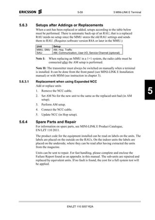 5-59                           5 MINI-LINK E Terminal




5.6.3     Setups after Addings or Replacements
          When a unit has been replaced or added, setups according to the table below
          must be performed. There is automatic back-up of an RAU, that is a replaced
          RAU needs no setup since the MMU stores the old RAU settings and sends
          them to RAU. (Requires software version R4A or later in the MMU.)
          Unit          Setup
          MMU, SMU      AM, Hop, Traffic
          SAU           AM, Communication, User I/O, Service Channel (optional)

          Note I:   When replacing an MMU in a 1+1 system, the radio cable must be
                    connected after the AM setup is performed.
          Note II: The transmitter must always be switched on manually when a terminal
          is installed. It can be done from the front panel (see MINI-LINK E Installation
          manual) or with MSM (see instruction in chapter 3).
5.6.3.1   Replacement when using Expanded NCC
          Add or replace units
          1.
          2.
               Remove the NCC-cable.
               Set AM No for the new unit to the same as the replaced unit had (in AM
                                                                                                     5
               setup).
          3.   Perform AM setup.
          4.   Connect the NCC-cable.
          5.   Update NCC (in Hop setup).

5.6.4     Spare Parts and Repair
          For information on spare parts, see MINI-LINK E Product Catalogue,
          EN/LZT 110 2011.
          The product code for the equipment installed can be read on labels on the units. The
          labels are placed on the outside on the RAUs. On the indoor units the labels are
          placed on the underside, where they can be read after having extracted the units
          from the magazine.
          Units can be sent to repair. For fast handling, please complete and enclose the
          Failure Report found as an appendix in this manual. The sub-units are repaired and
          replaced by equivalent units. If no fault is found, the cost for a full system test will
          be applied.




                                    EN/LZT 110 5057 R2A
 